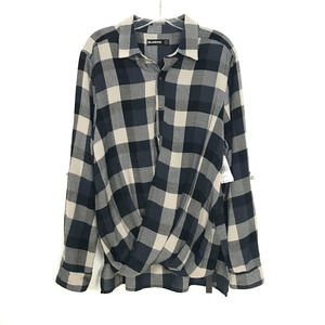 Blank NYC Wrap Front Check Button Hi Low Hem Shirt Blue Tan Large